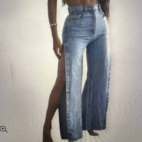 PrettyLittleThing Jeans High Waist Light Wash Side Open Slit Sz 10 Frayed Biker - Picture 8 of 8